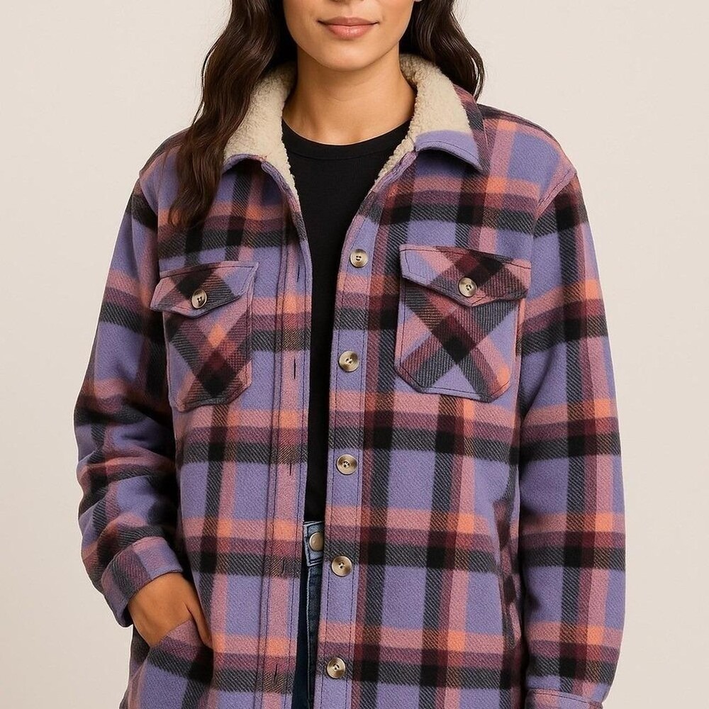 Sage Collective Sherpa Lined Plaid Shacket Size‎ Large Plaid Cozy Faux Shearling